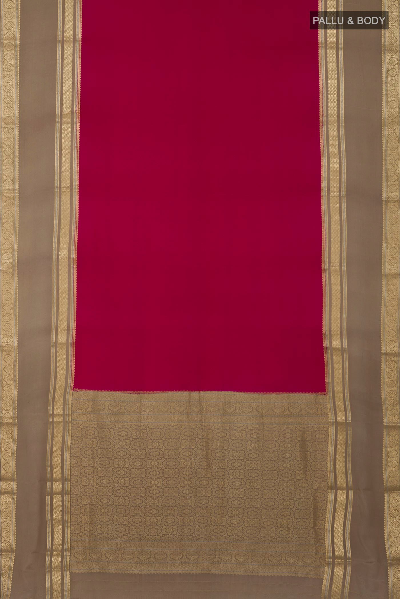 Flat view of Pink Crepe Saree with Plain Body and Zari Border. 