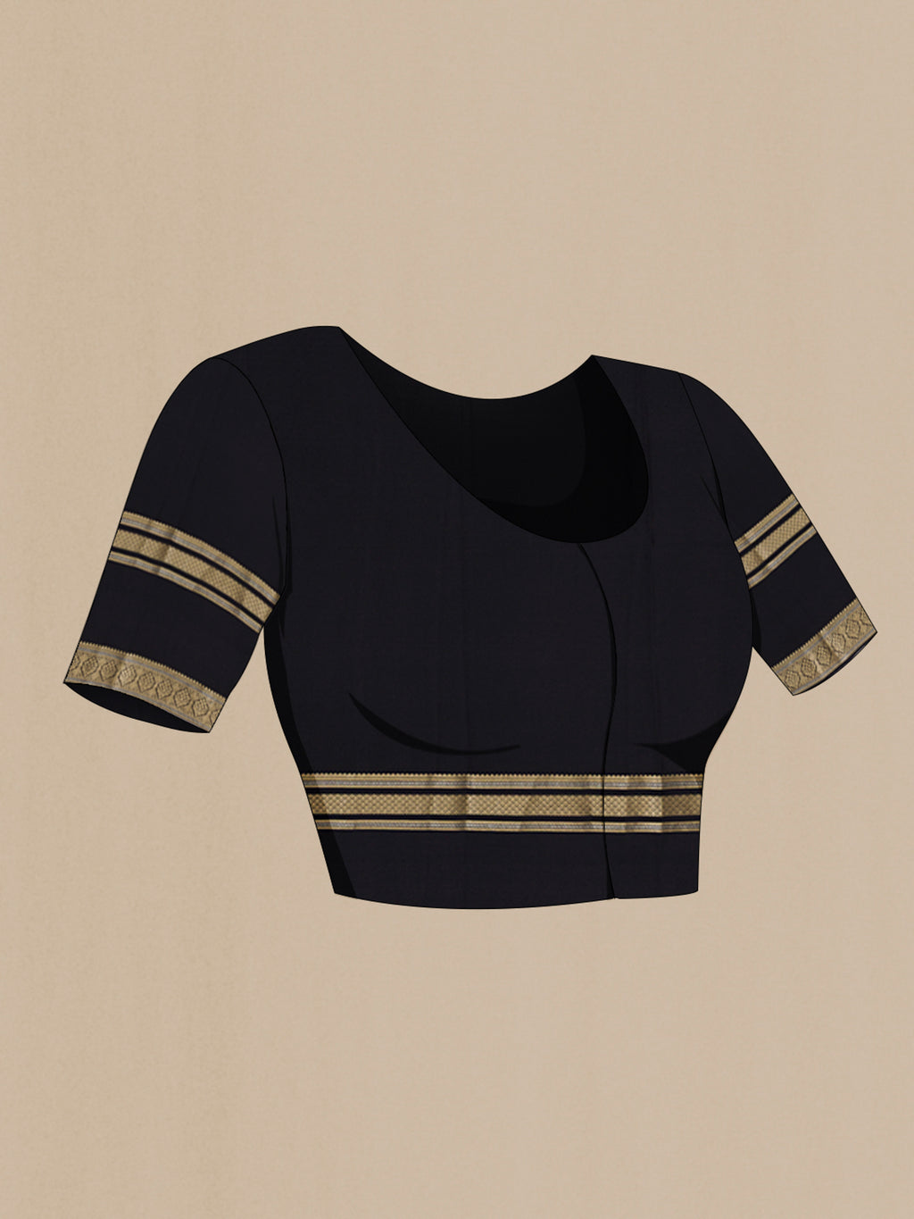 Close up image of the blouse of Black Mysore Crepe Saree with Plain Body and Zari Border. 