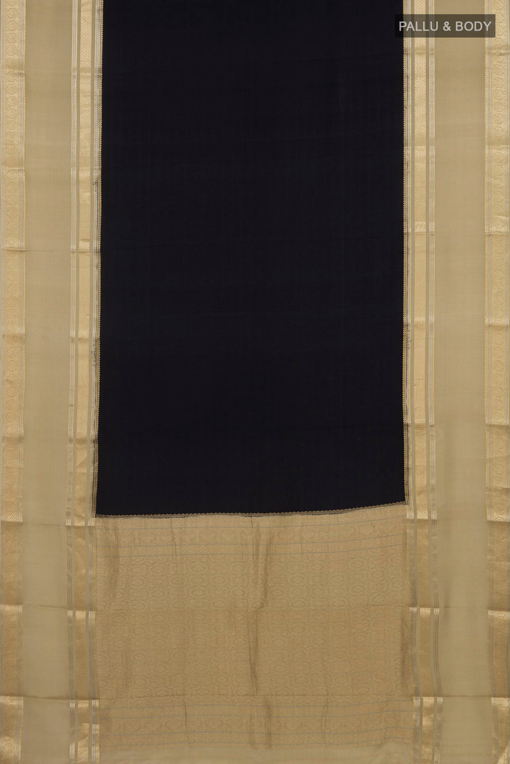 Flat view of Black Mysore Crepe Saree with Plain Body and Zari Border. 