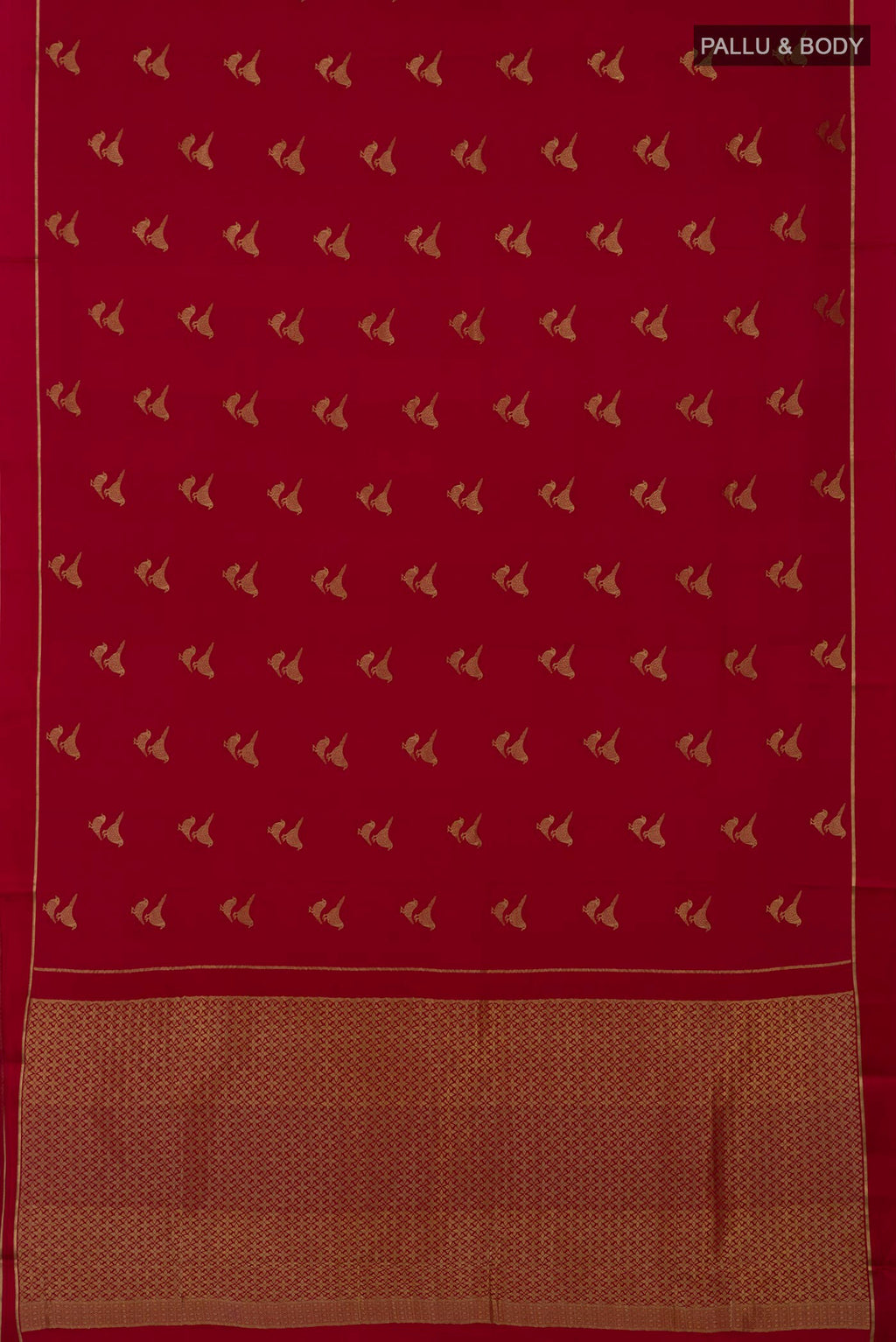 Flat view of Red Crepe Saree with Zari Butta on the body and Thin Zari Line. 