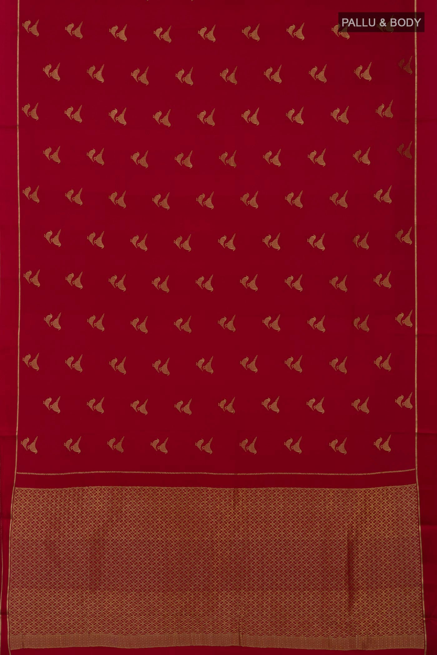 Flat view of Red Crepe Saree with Zari Butta on the body and Thin Zari Line. 
