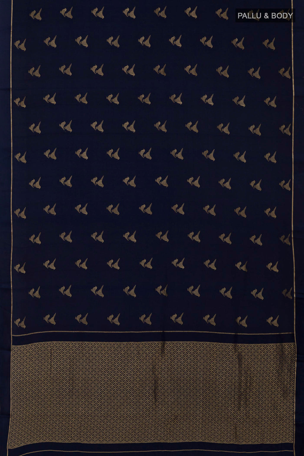 Flat view of Blue Crepe Saree with Zari Butta on the body and Thin Zari Line. 