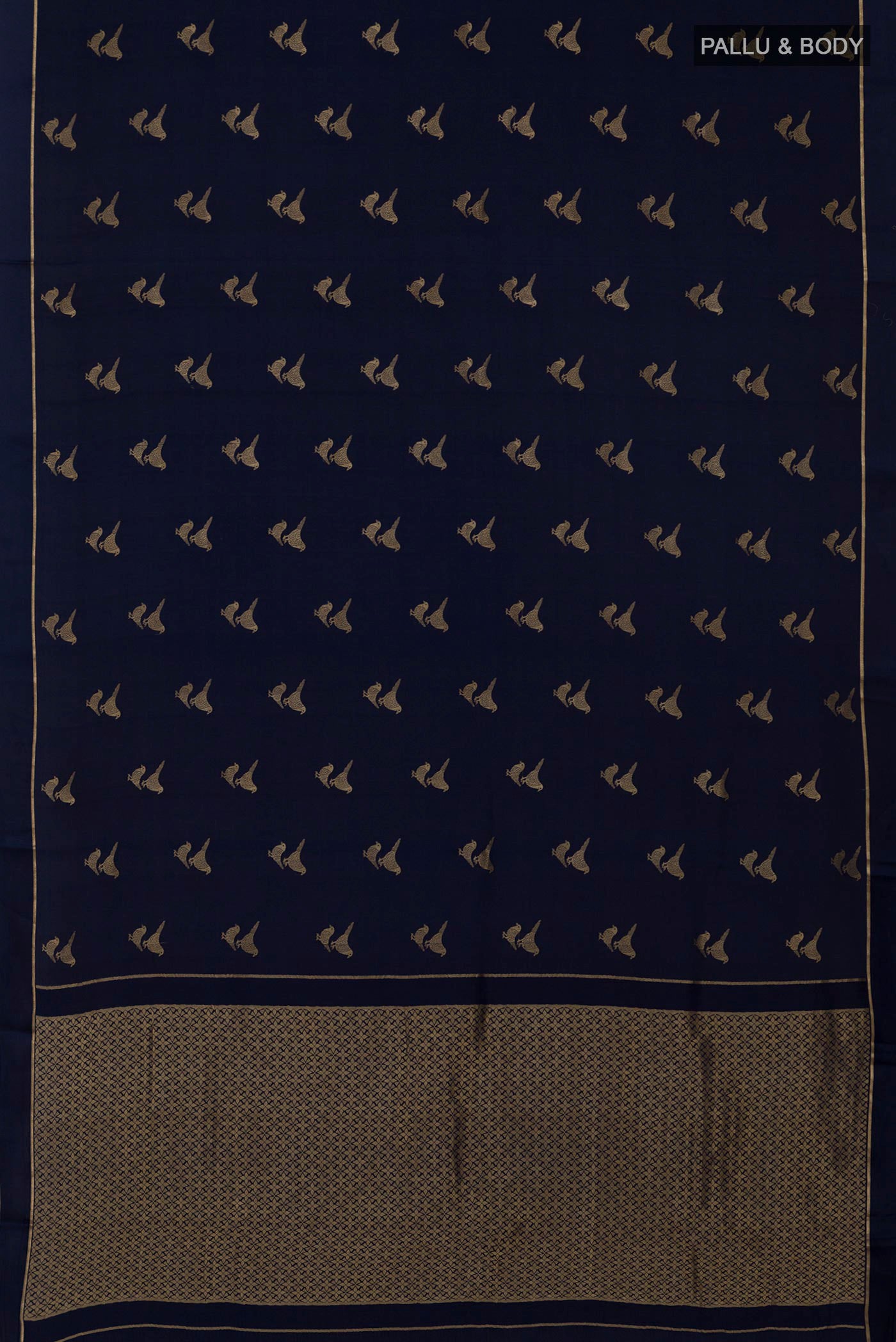 Flat view of Blue Crepe Saree with Zari Butta on the body and Thin Zari Line. 