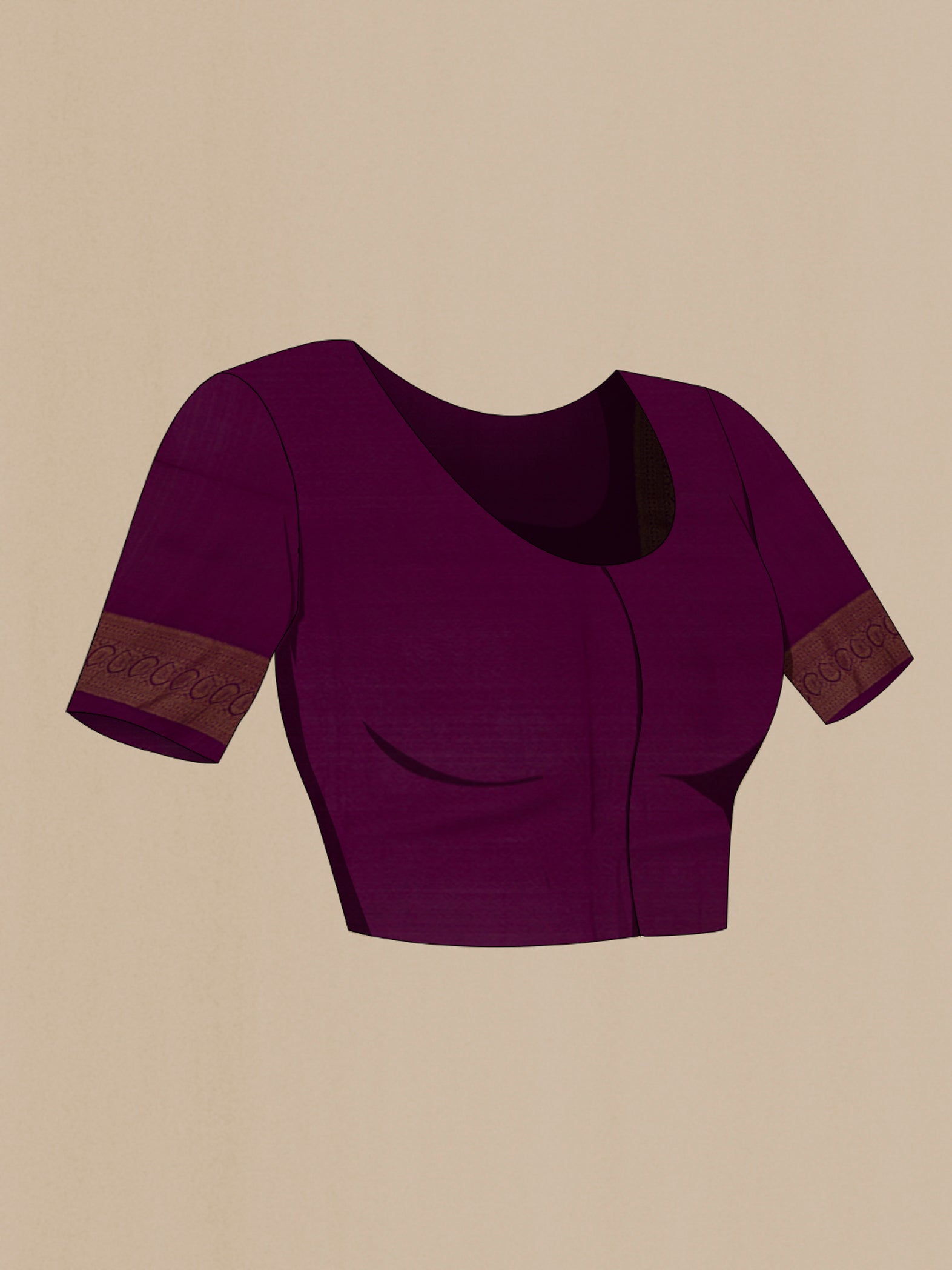 Close up image of the blouse of Purple Mysore Crepe Saree with Zari Butta on the body and Fancy Border. 