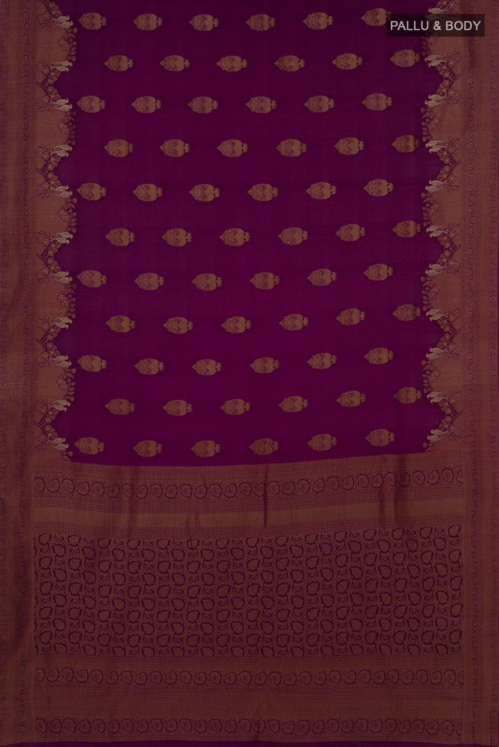 Flat view of Purple Mysore Crepe Saree with Zari Butta on the body and Fancy Border. 