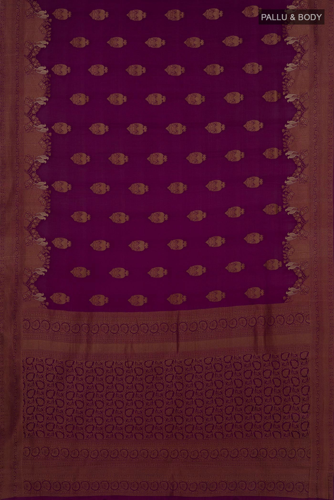 Flat view of Purple Mysore Crepe Saree with Zari Butta on the body and Fancy Border. 