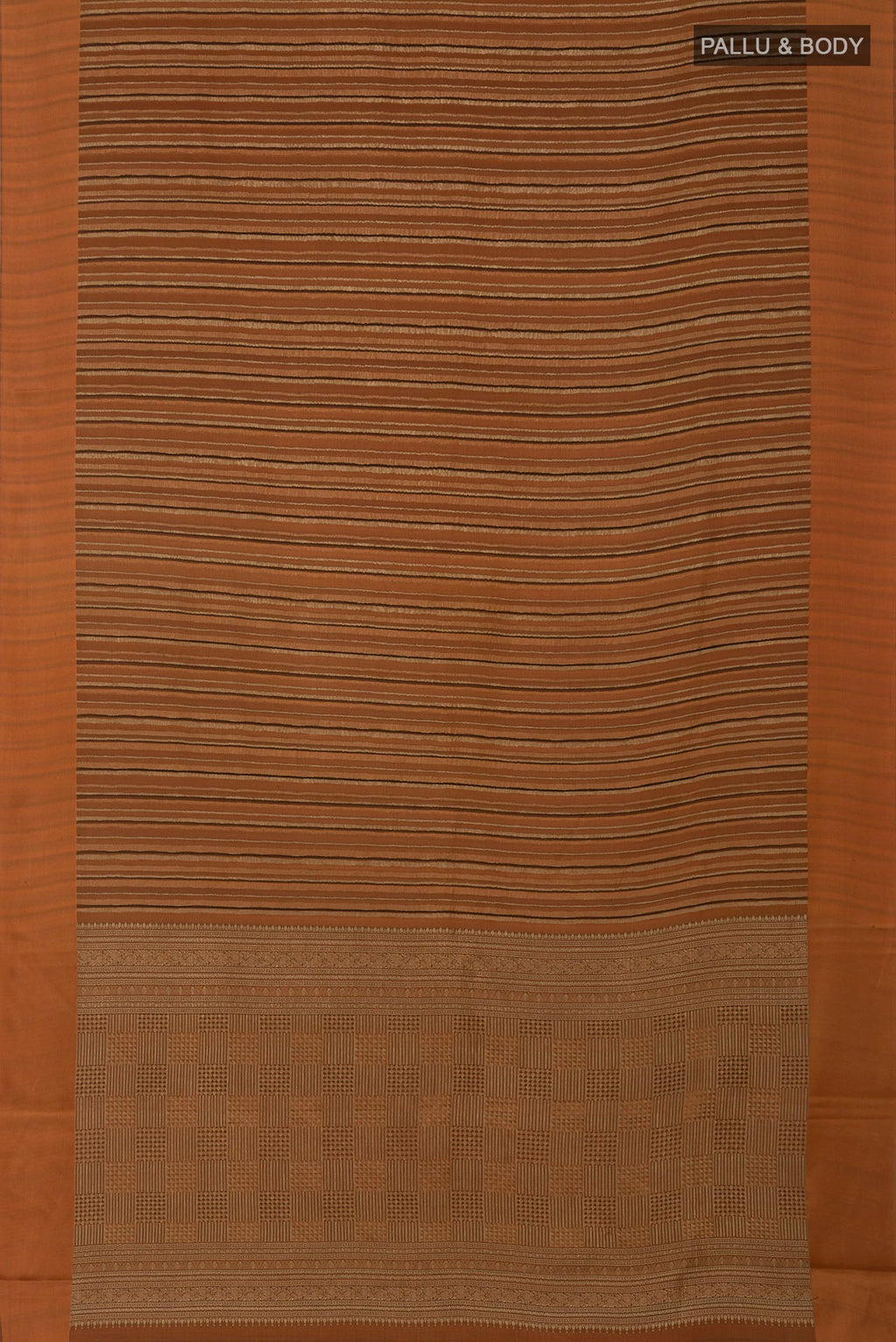 Flat view of Rust Mysore Crepe Saree with Stripes on the body and Plain Border. 