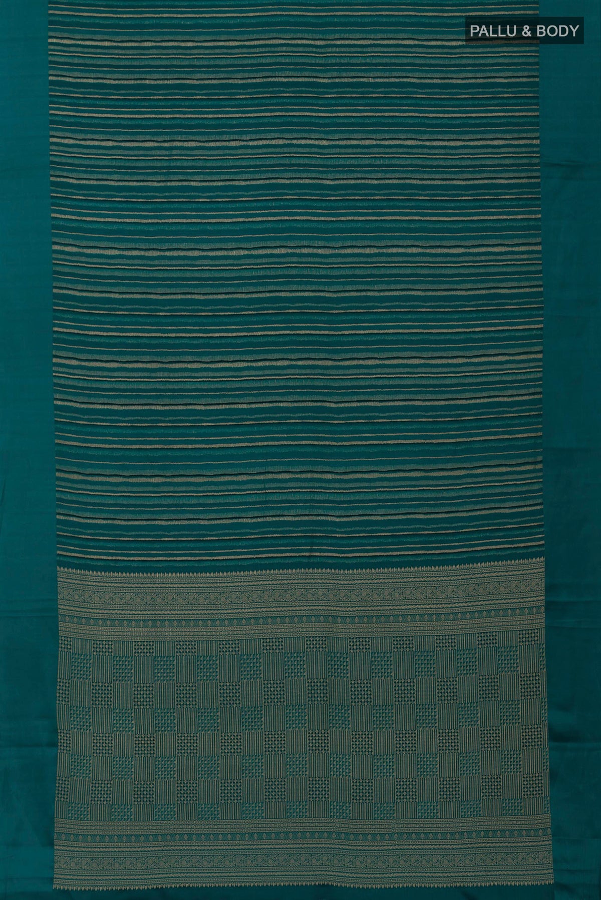 Flat view of Green Mysore Crepe Saree with Stripes on the body and Plain Border. 