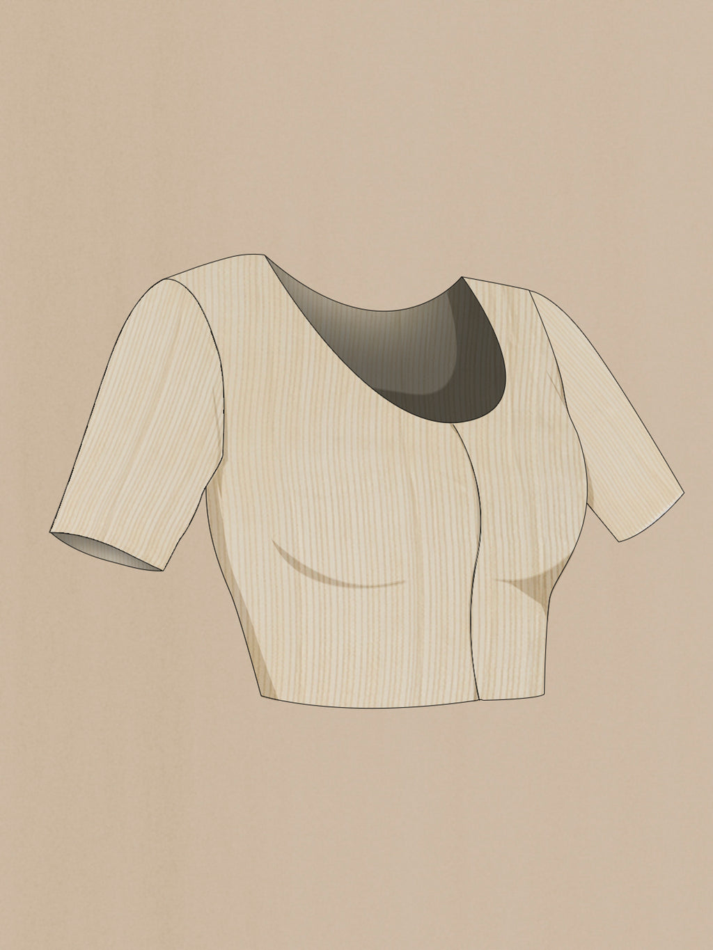 Close up image of the blouse of Cream Mysore Crepe Saree with Zari Brocade on the body and Thin Zari Line. 