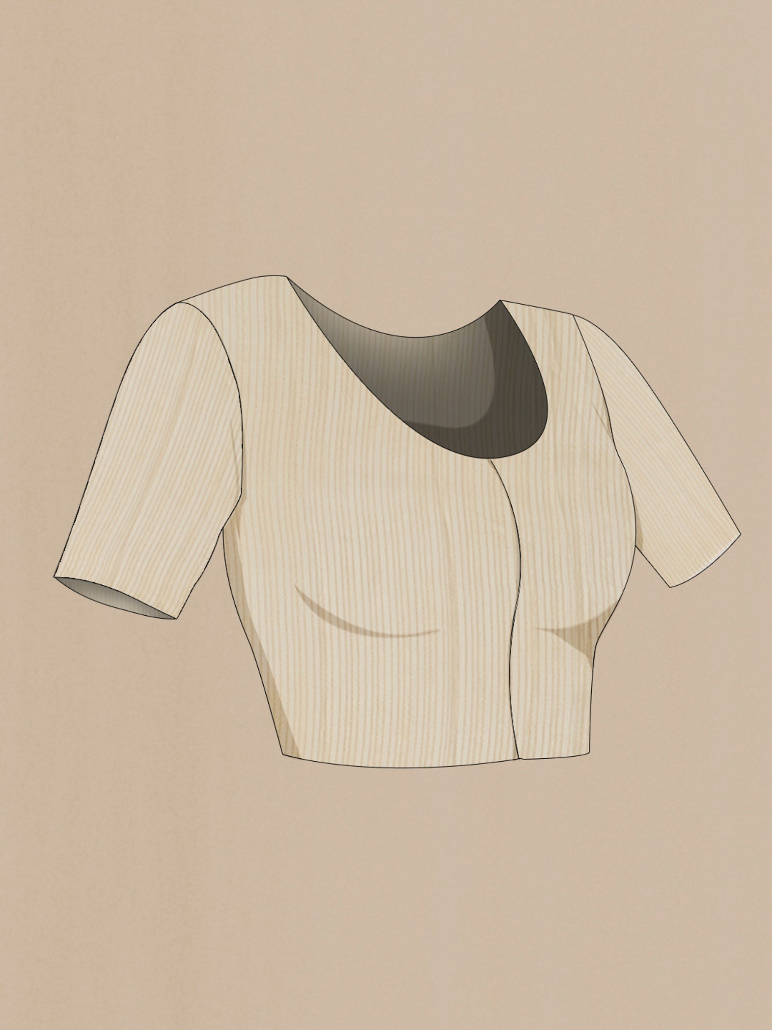 Close up image of the blouse of Cream Mysore Crepe Saree with Zari Brocade on the body and Thin Zari Line. 