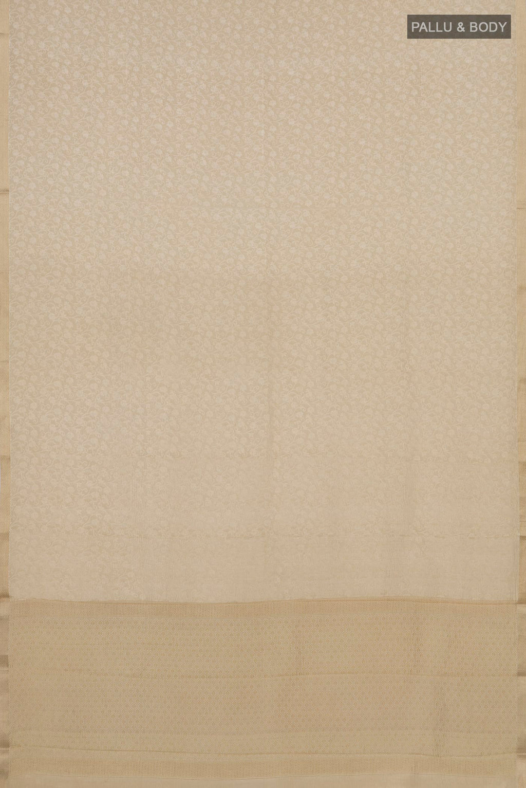 Flat view of Cream Mysore Crepe Saree with Zari Brocade on the body and Thin Zari Line. 