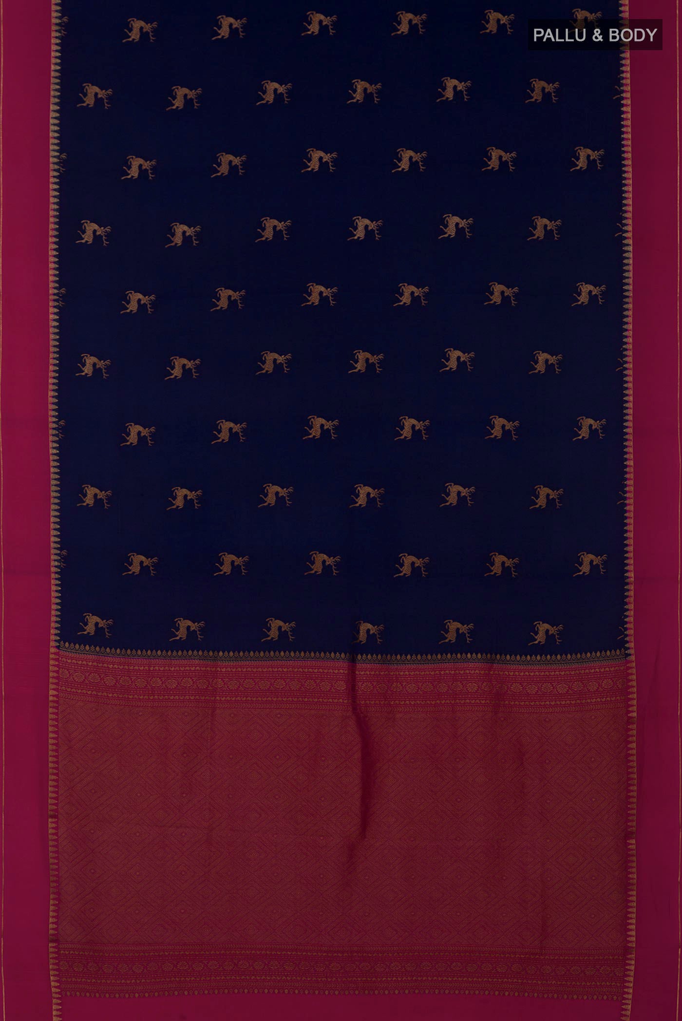 Flat view of Navy Blue Crepe Saree with Zari Butta on the body and Thin Zari Line. 