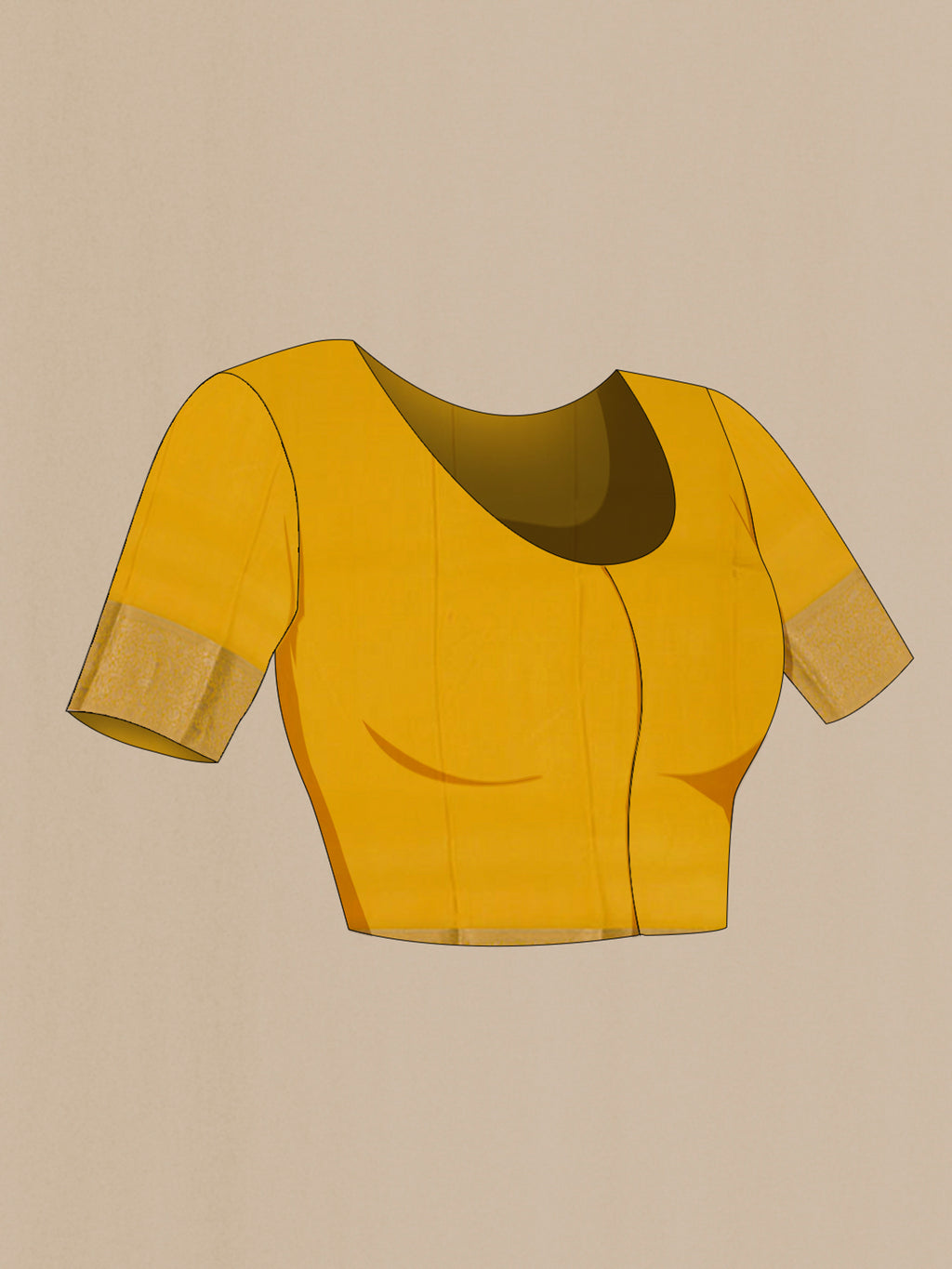 Close up image of the blouse of Yellow Mysore Crepe Saree with Zari Butta on the body and Zari Border. 