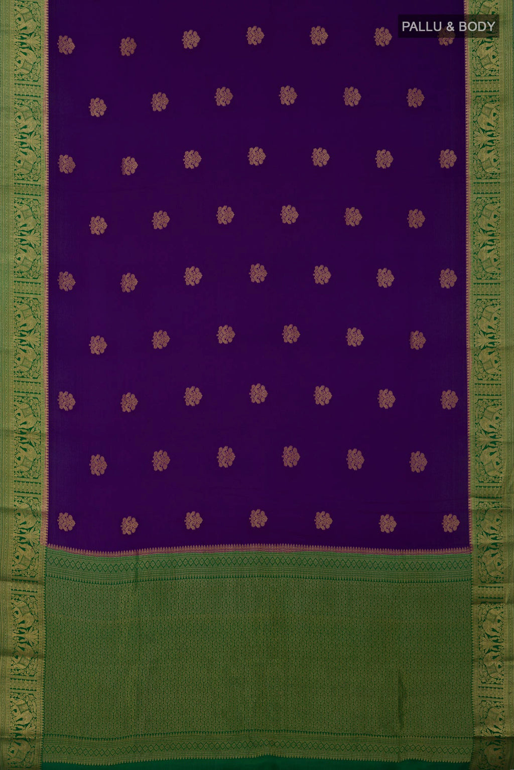 Flat view of Purple Crepe Saree with Zari Butta on the body and Zari Border. 