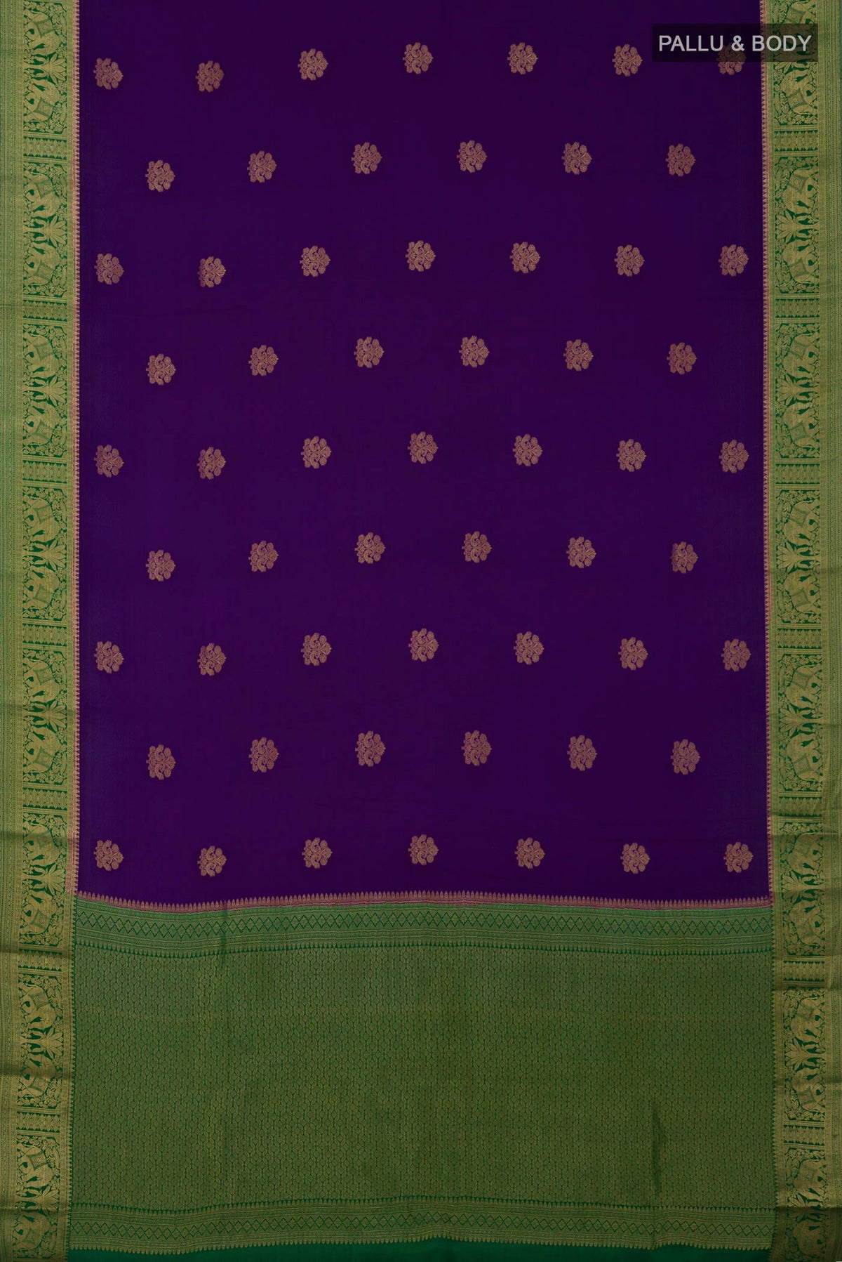 Flat view of Purple Crepe Saree with Zari Butta on the body and Zari Border. 