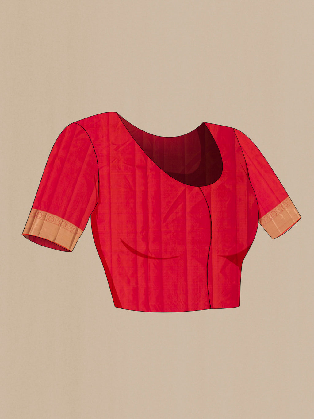 Close up image of the blouse of Orange Soft Silk Saree with Zari Brocade on the body and Zari Border. 