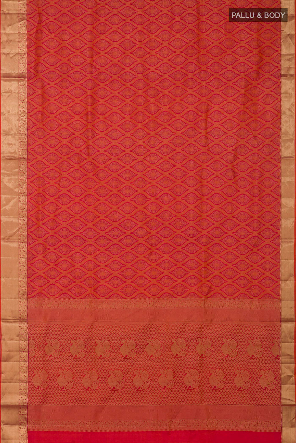 Flat view of Orange Soft Silk Saree with Zari Brocade on the body and Zari Border. 