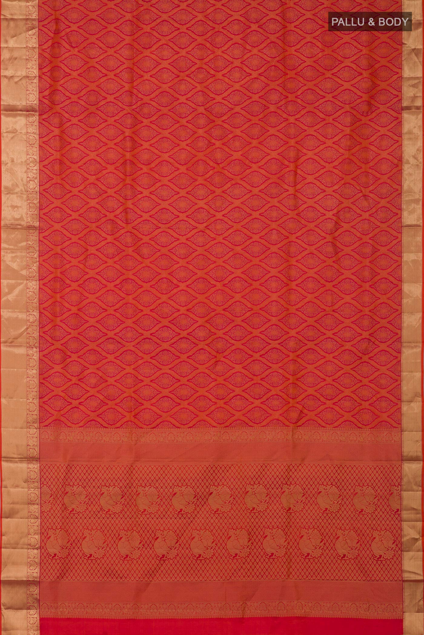 Flat view of Orange Soft Silk Saree with Zari Brocade on the body and Zari Border. 