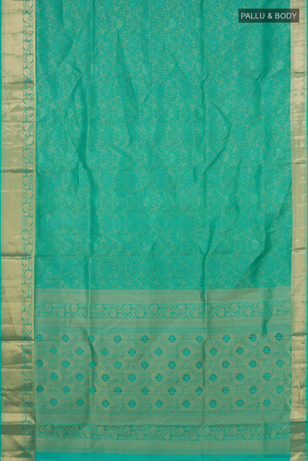 Flat view of Turquoise Soft Silk Saree with Zari Brocade on the body and Zari Border. 