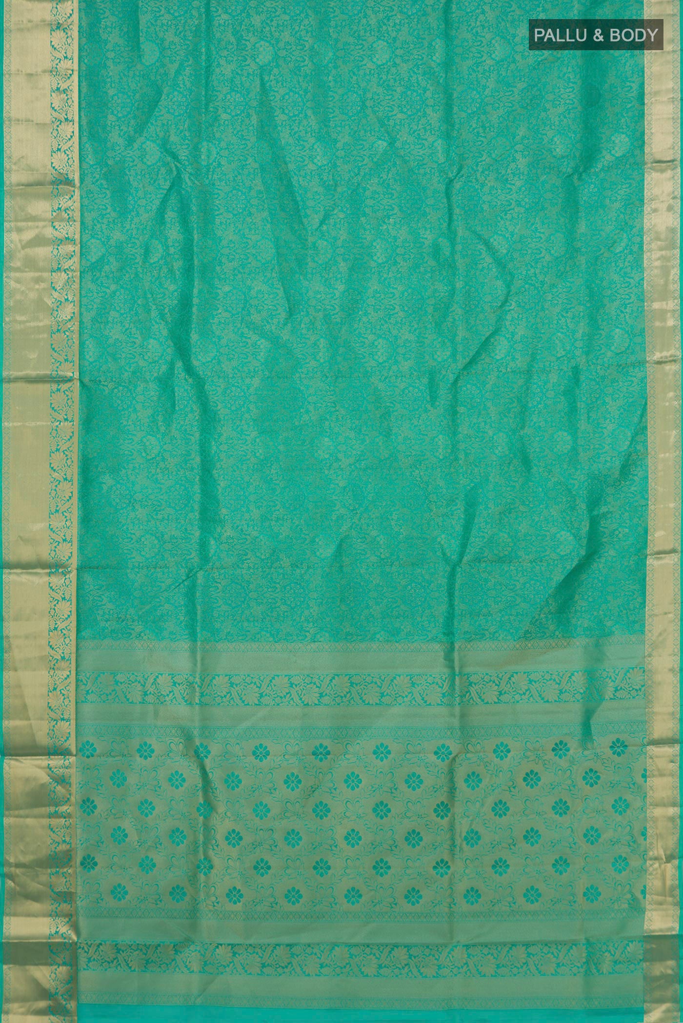 Flat view of Turquoise Soft Silk Saree with Zari Brocade on the body and Zari Border. 