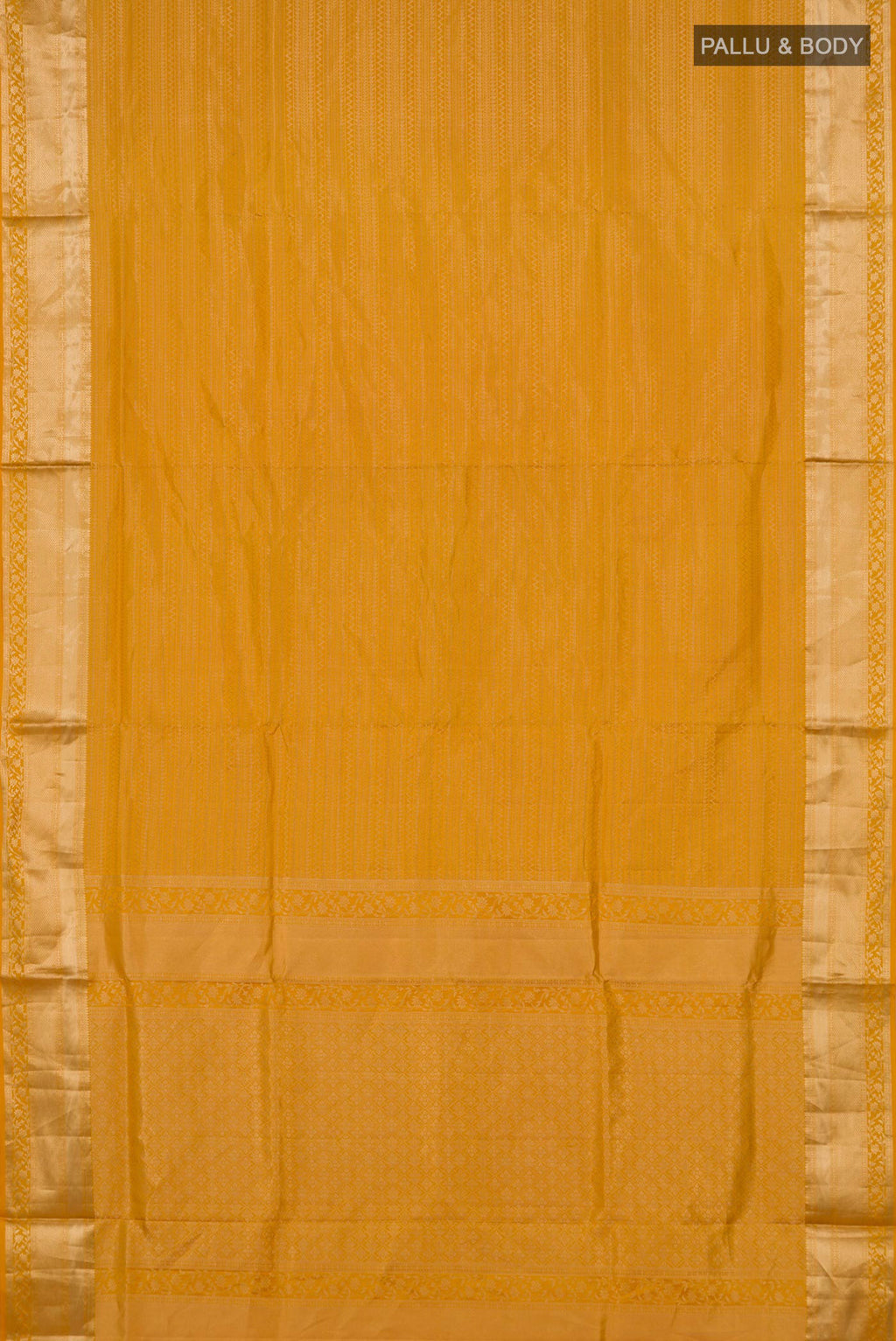 Flat view of Pure Silk Yellow Soft Saree with Zari Brocade on the body and Zari Border. 