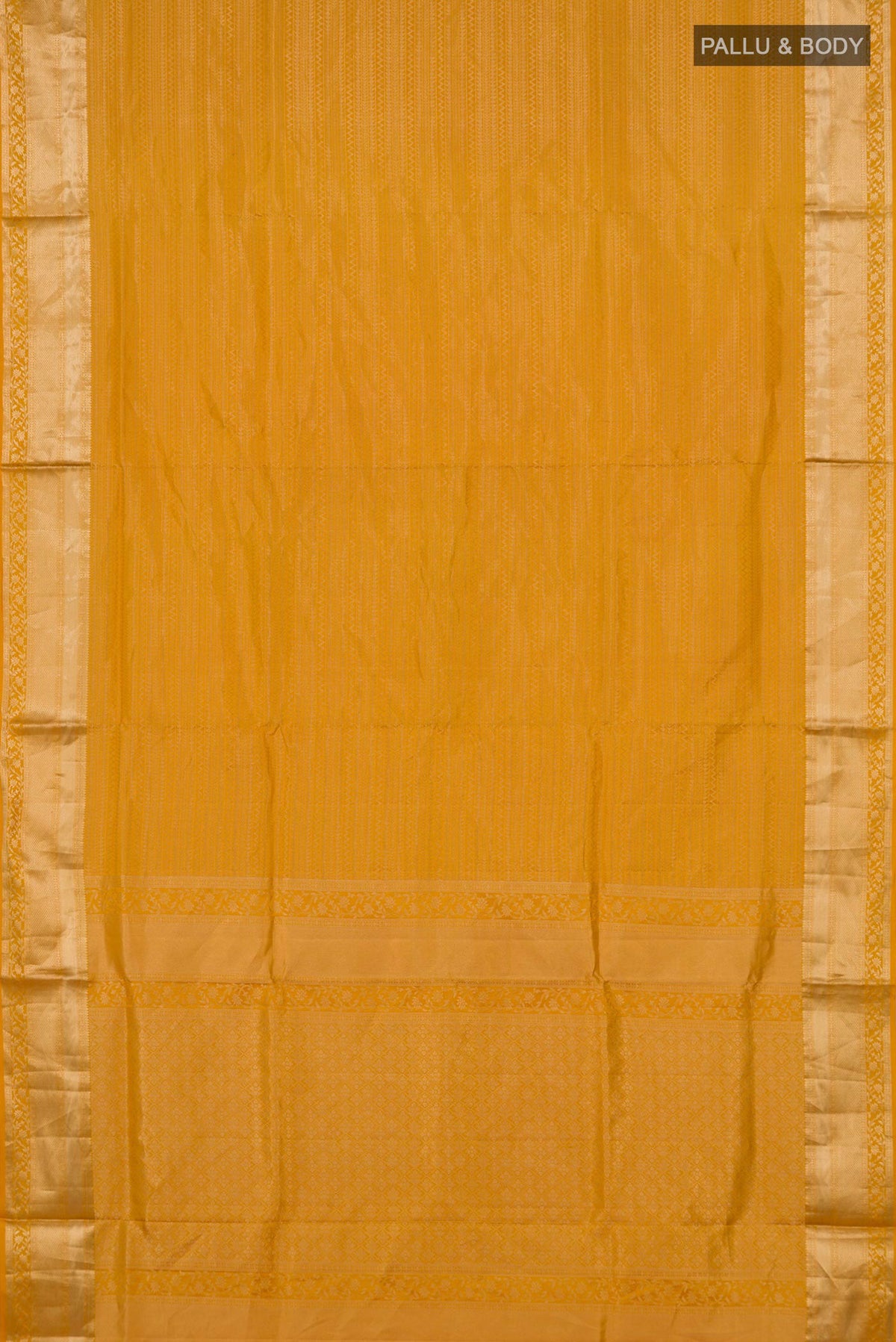 Flat view of Pure Silk Yellow Soft Saree with Zari Brocade on the body and Zari Border. 