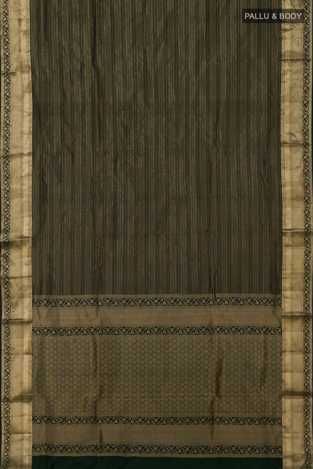 Flat view of Green Soft Silk Saree with Zari Brocade on the body and Zari Border. 
