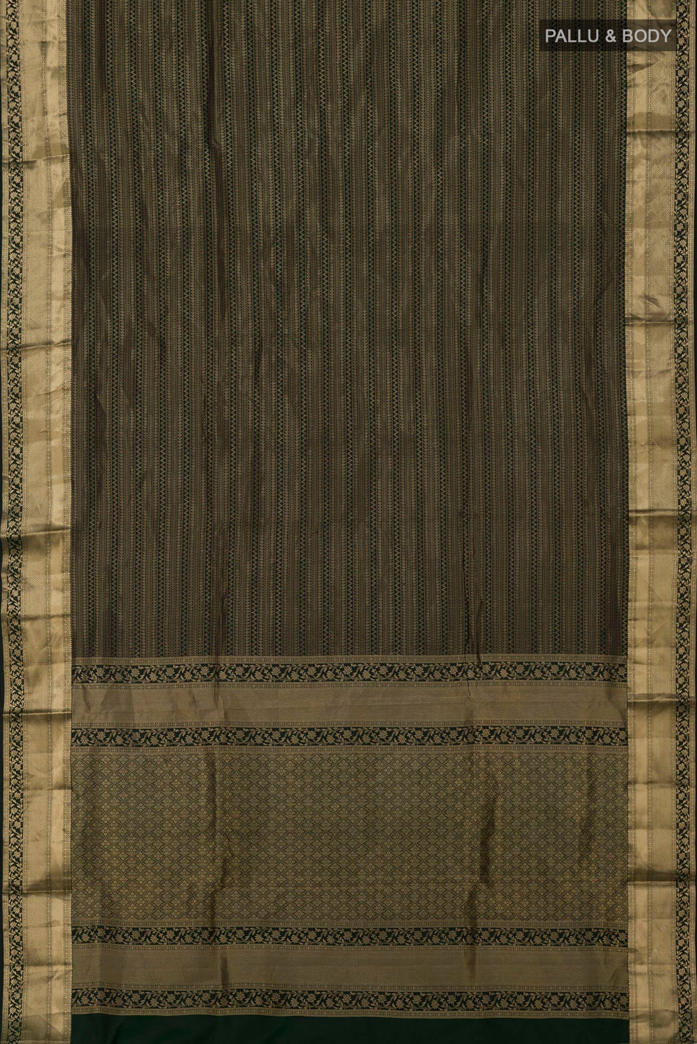 Flat view of Green Soft Silk Saree with Zari Brocade on the body and Zari Border. 