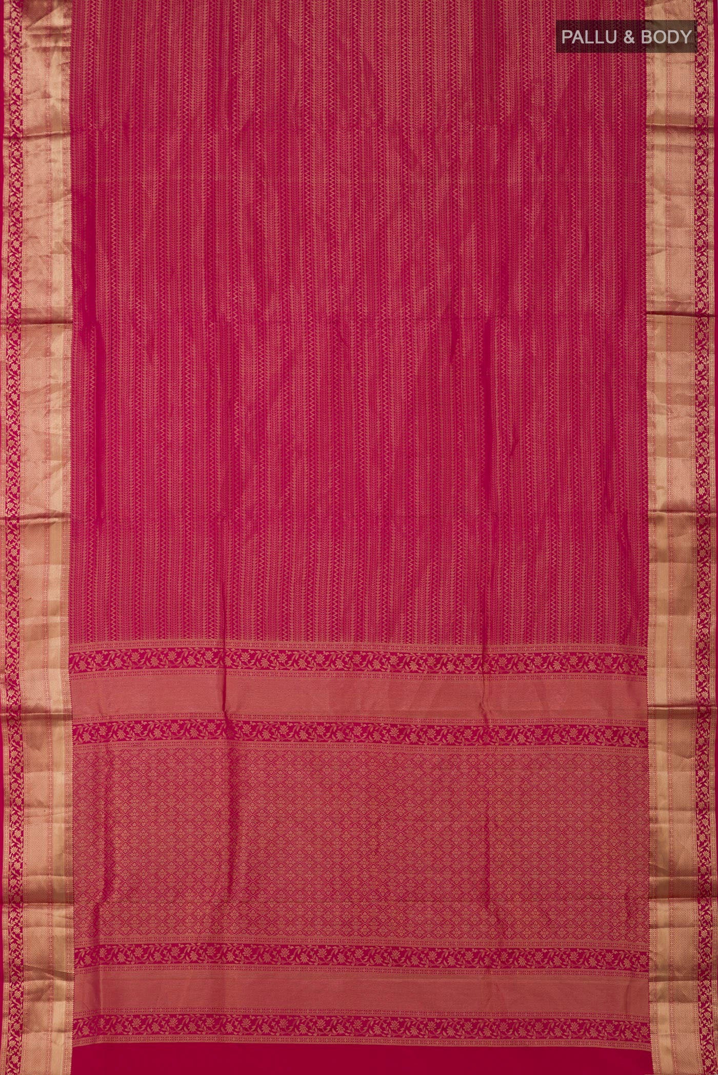 Flat view of Pink Soft Silk Saree with Zari Brocade on the body and Zari Border. 