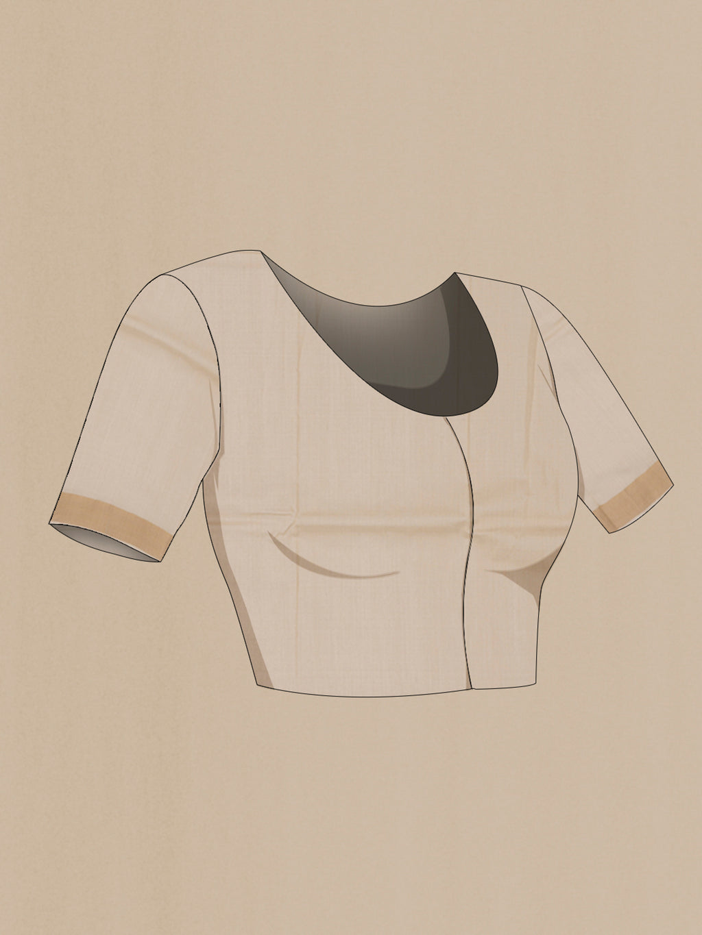 Close up image of the blouse of Cream Tussar Silk Saree with Plain Body and Thin Zari Line. 