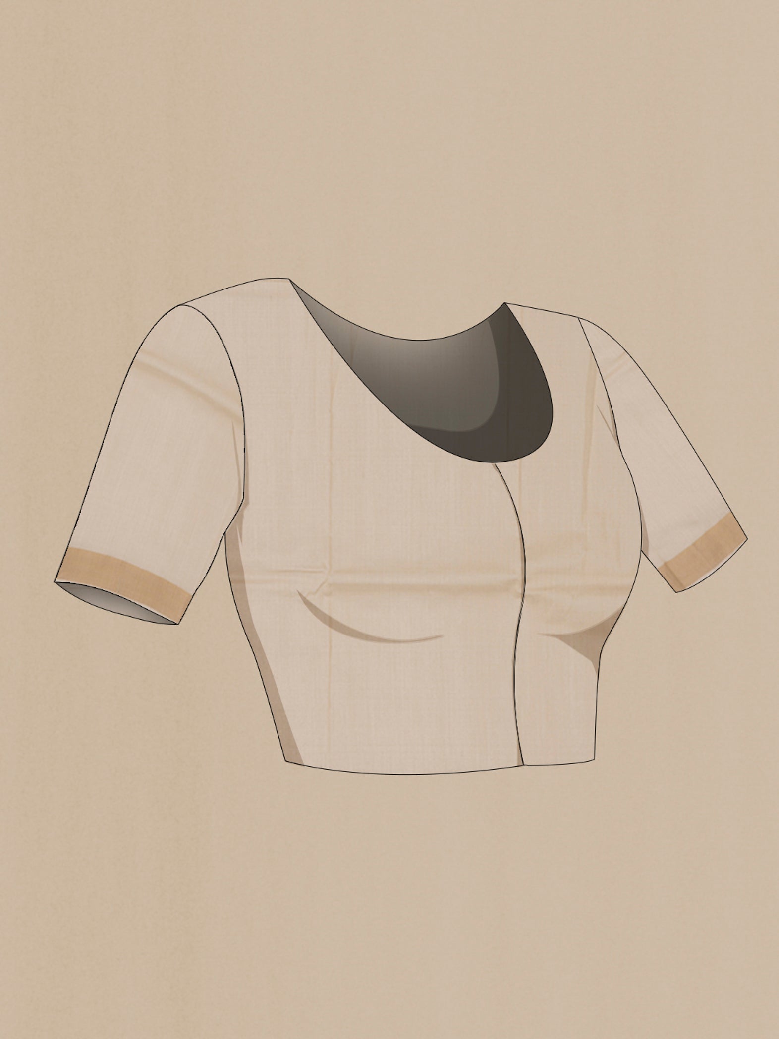 Close up image of the blouse of Cream Tussar Silk Saree with Plain Body and Thin Zari Line. 