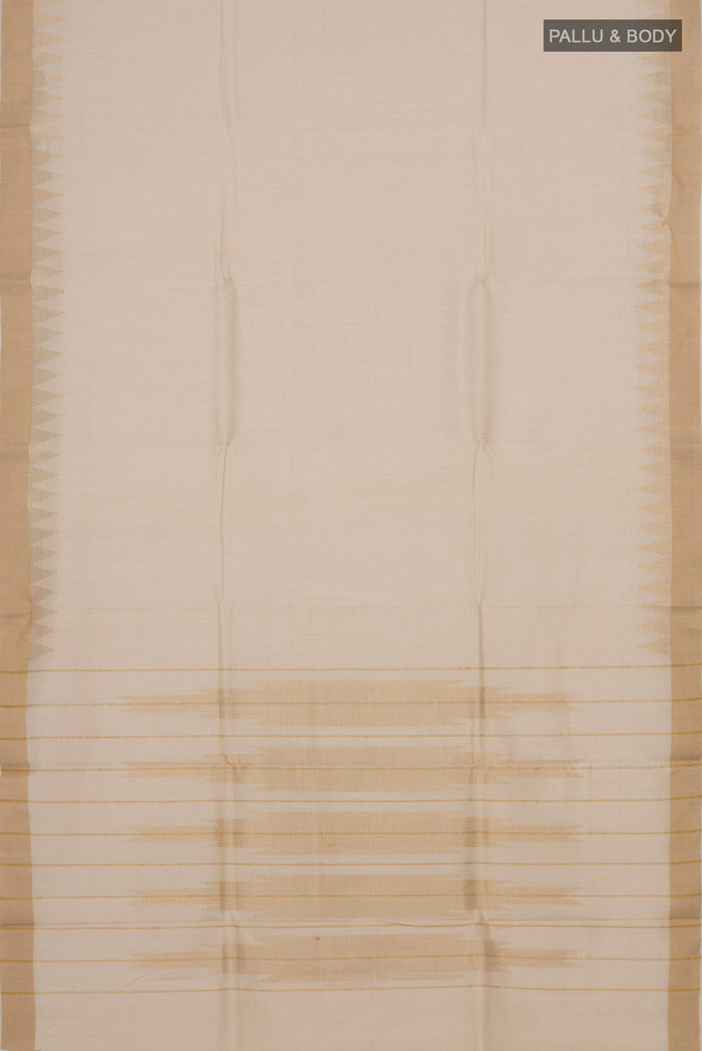 Flat view of Cream Tussar Silk Saree with Plain Body and Thin Zari Line. 