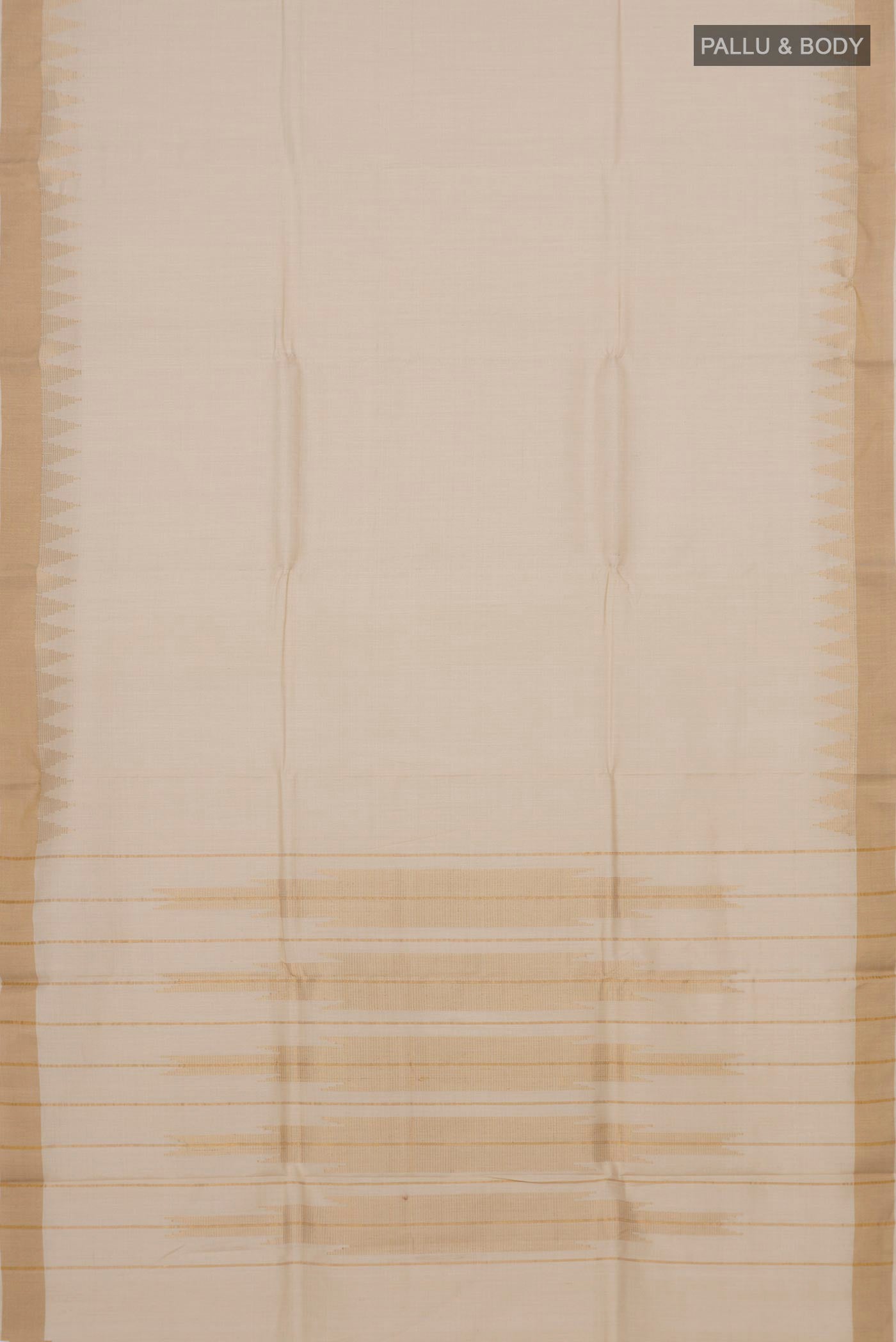 Flat view of Cream Tussar Silk Saree with Plain Body and Thin Zari Line. 