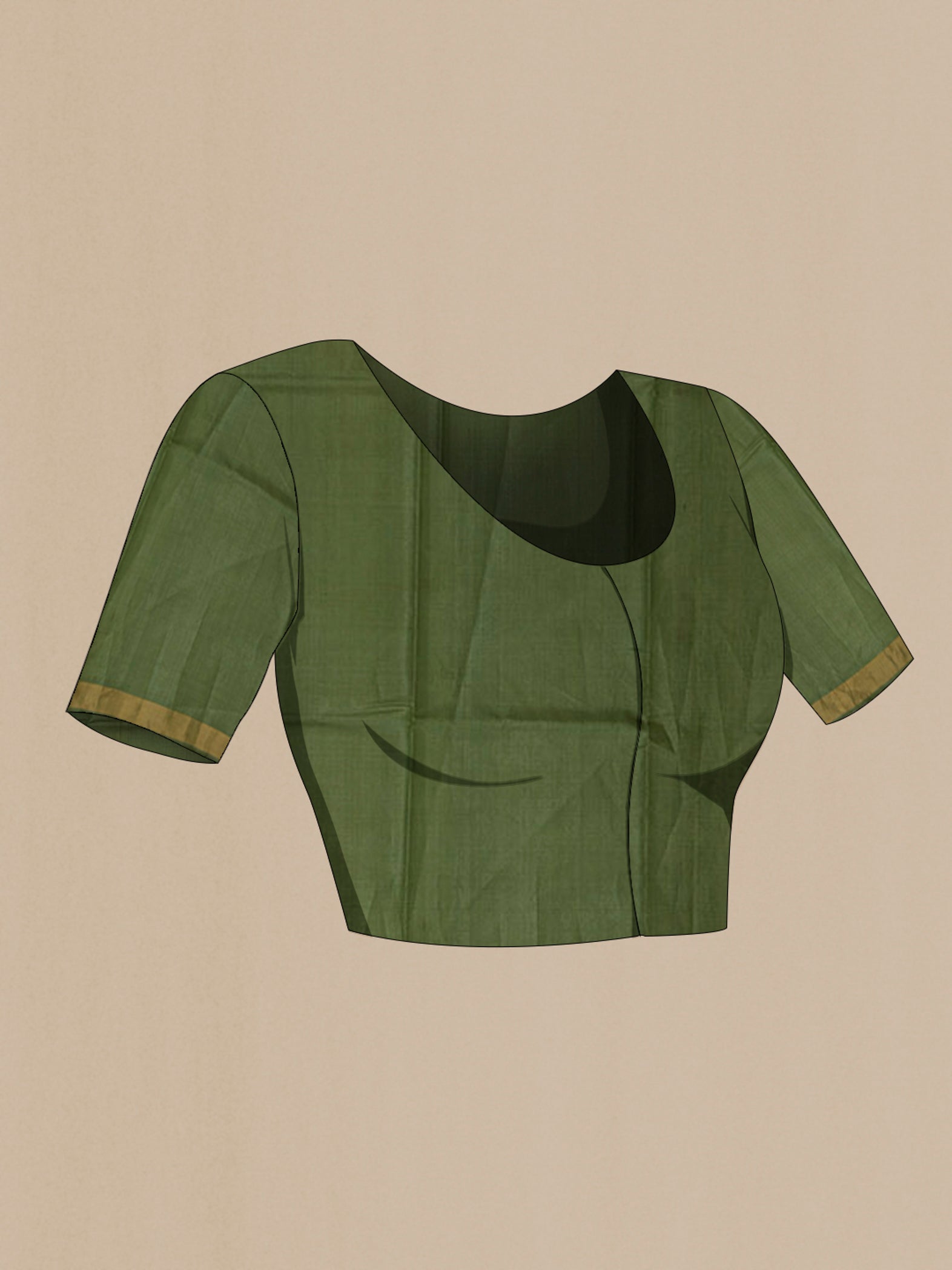 Close up image of the blouse of Sage Green Tussar Silk Saree with Zari Butta on the body and Zari Border. 