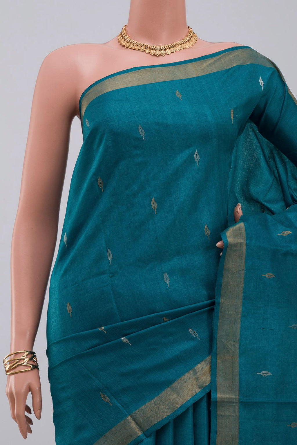 Border image of Sky Blue Tussar Silk Saree with Zari Butta on the body and Zari Border. 