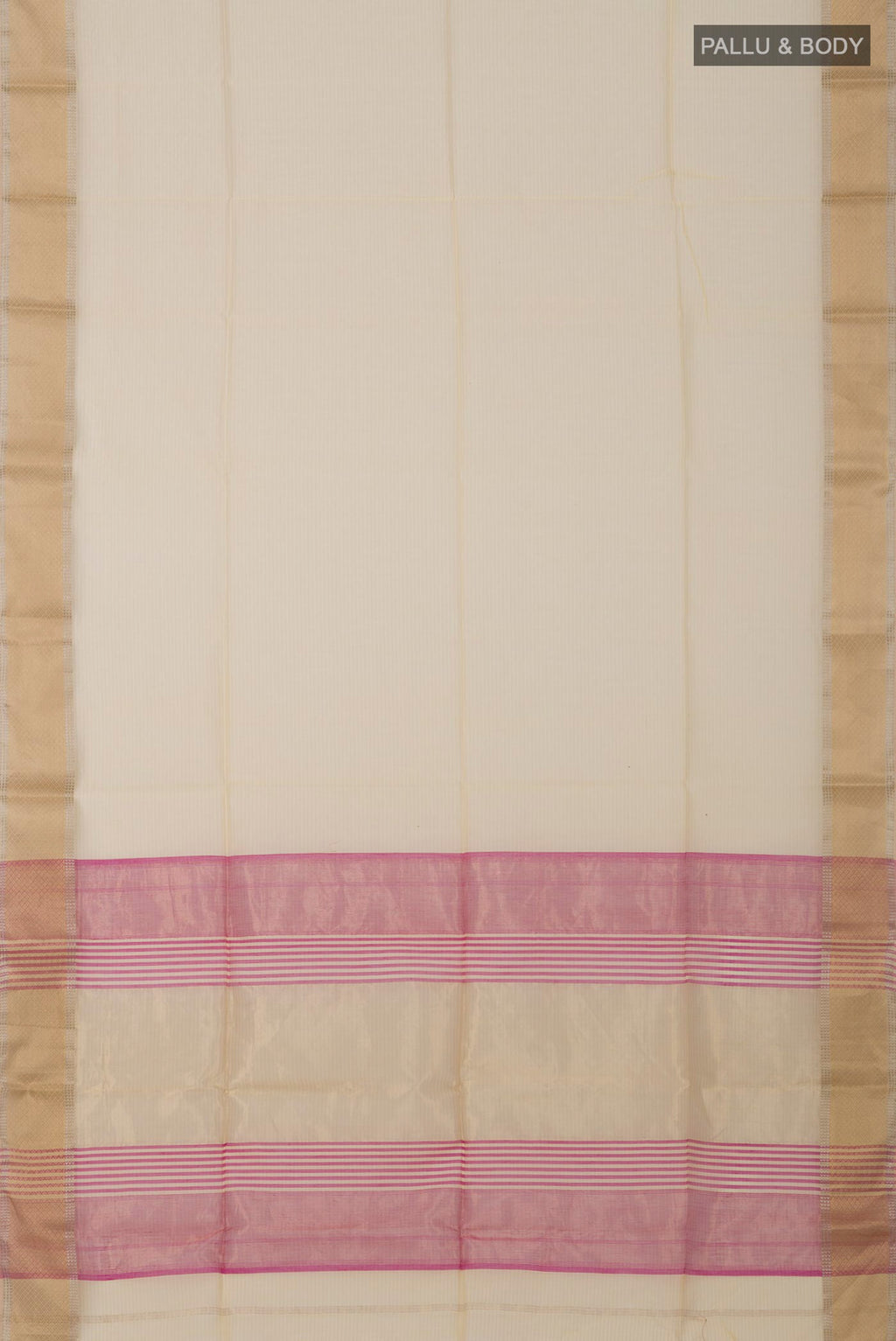 Flat view of Yellow Maheshwari Silk Cotton Saree with Plain Body and Zari Border. 