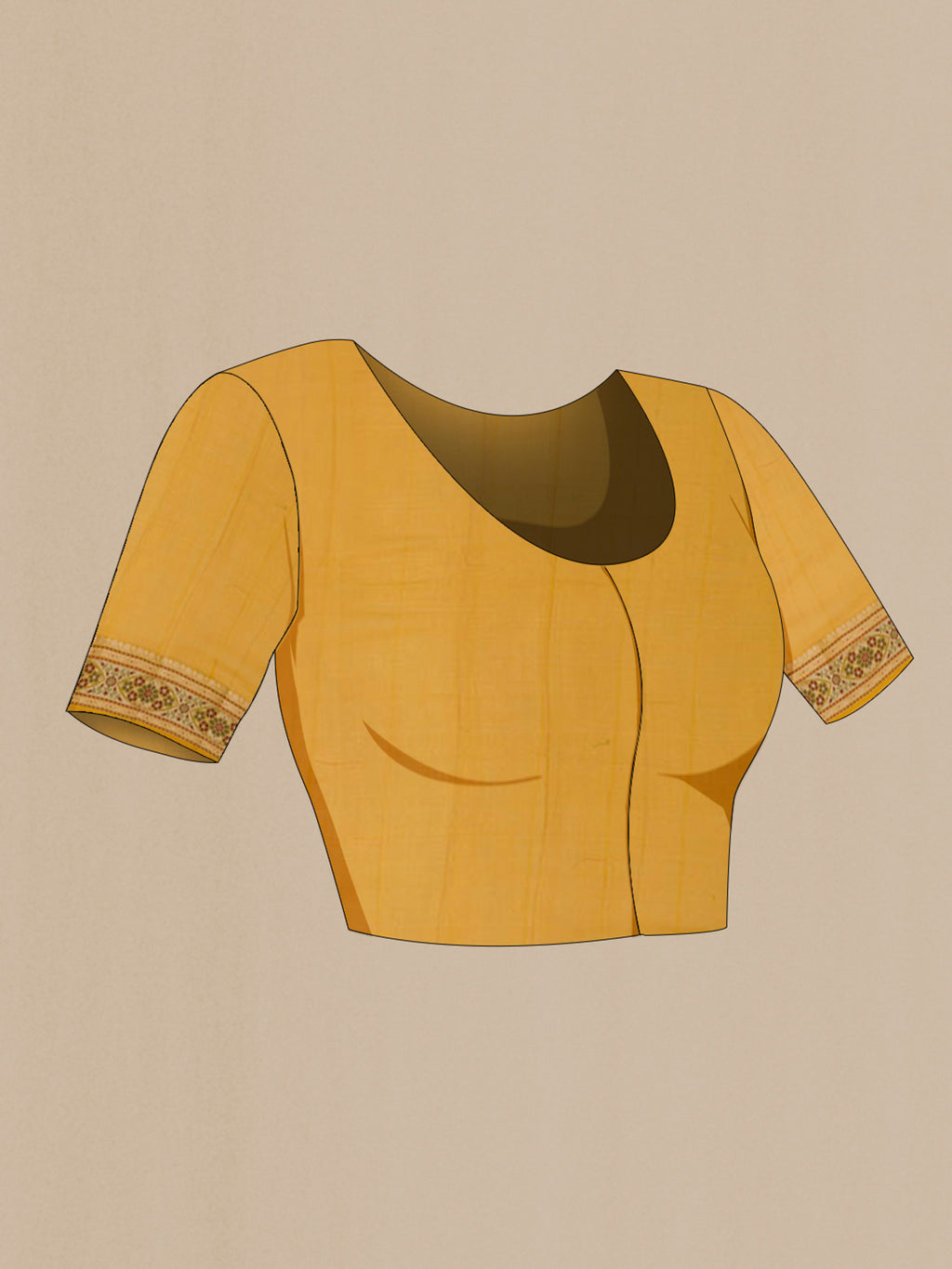 Close up image of the blouse of Mustard Banarasi Georgette Saree with Thread Brocade on the body and Thread Border. 