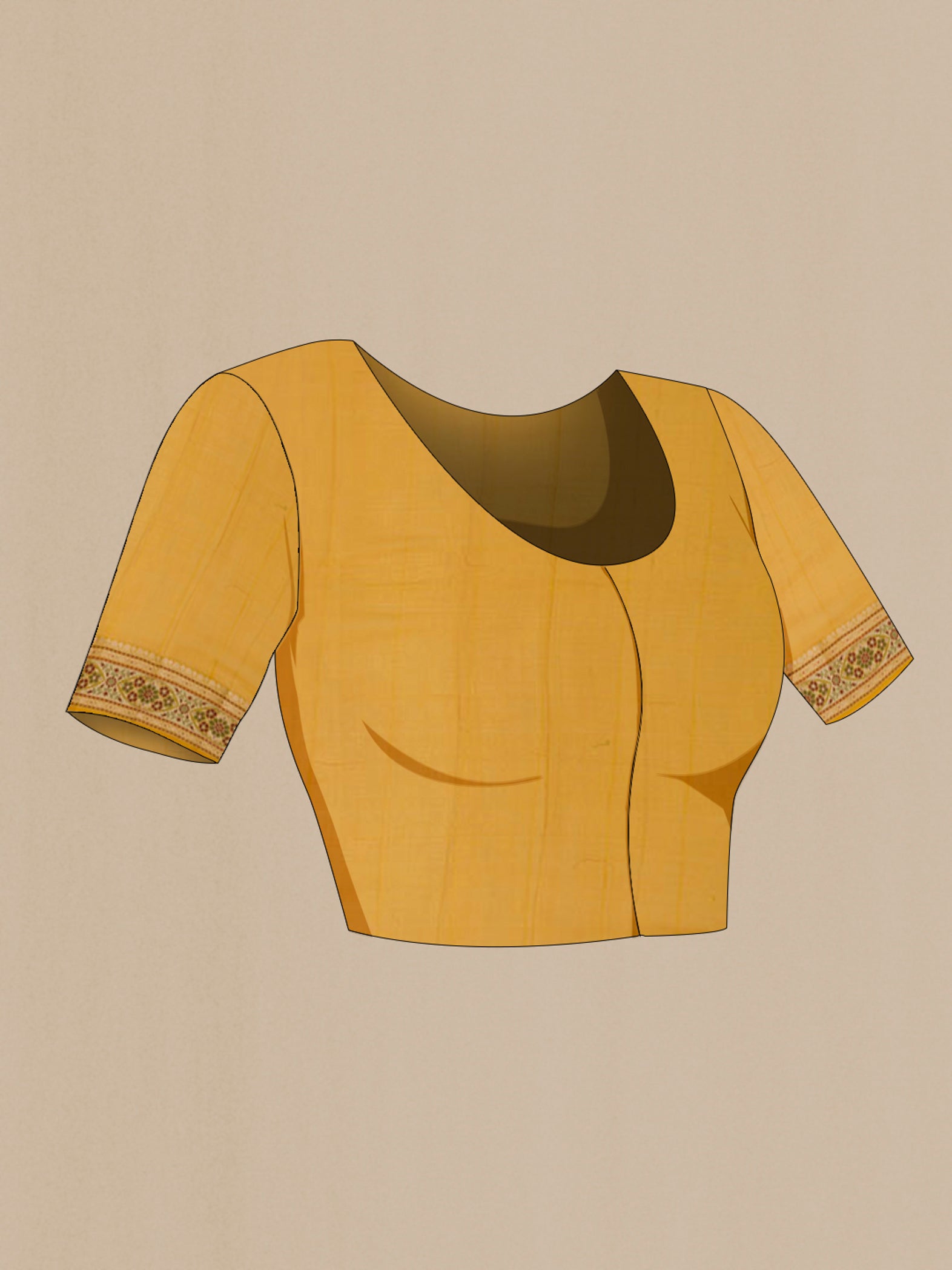 Close up image of the blouse of Mustard Banarasi Georgette Saree with Thread Brocade on the body and Thread Border. 