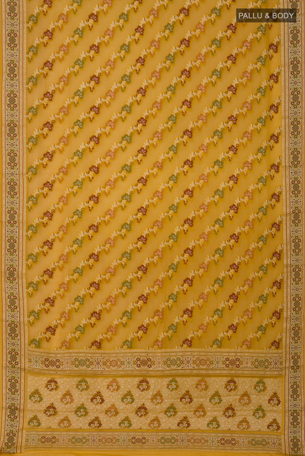 Flat view of Mustard Banarasi Georgette Saree with Thread Brocade on the body and Thread Border. 