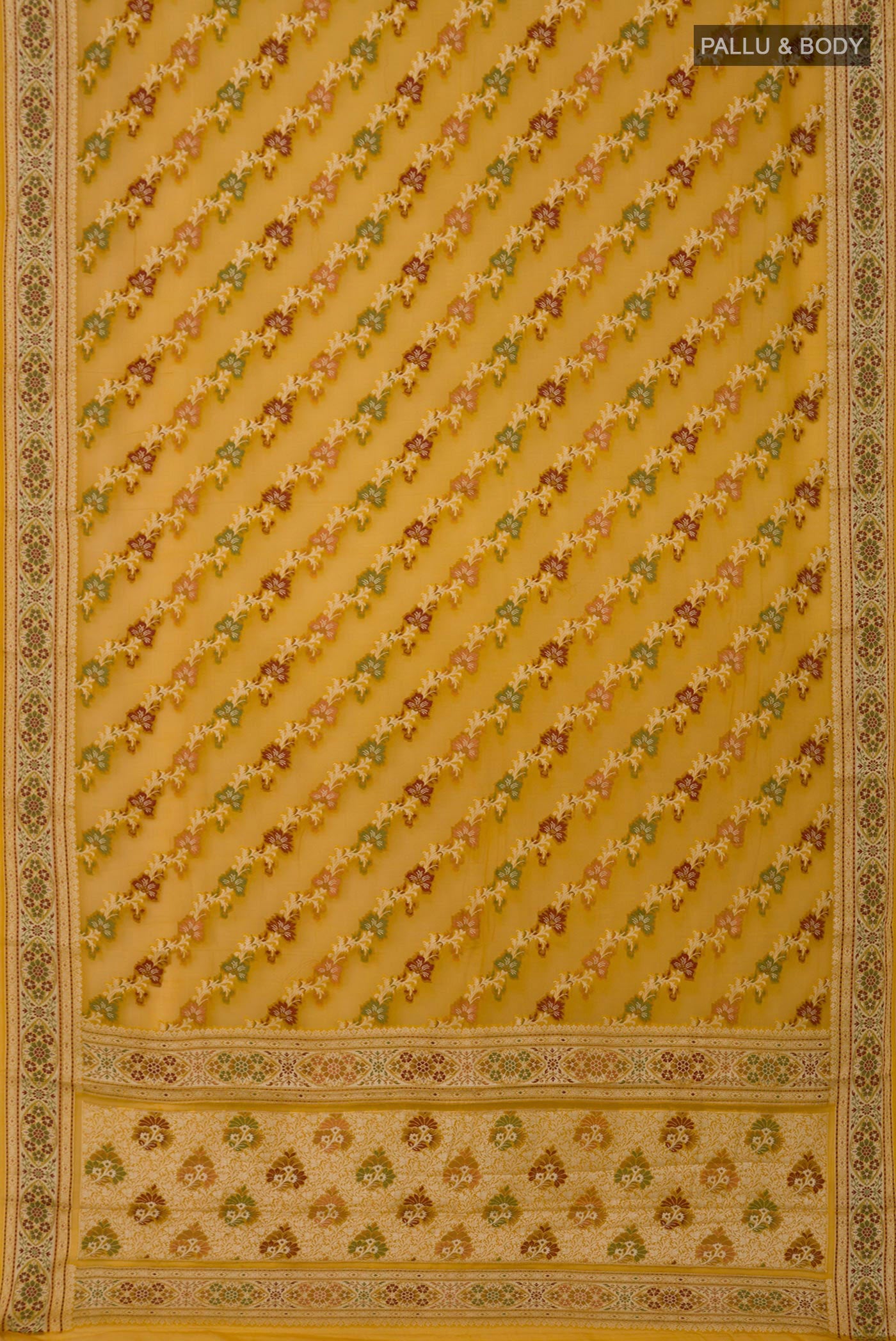 Flat view of Mustard Banarasi Georgette Saree with Thread Brocade on the body and Thread Border. 