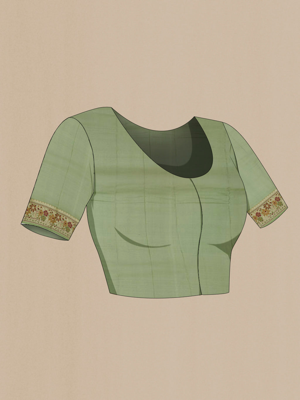 Close up image of the blouse of Green Banarasi Georgette Saree with Thread Brocade on the body and Thread Border. 