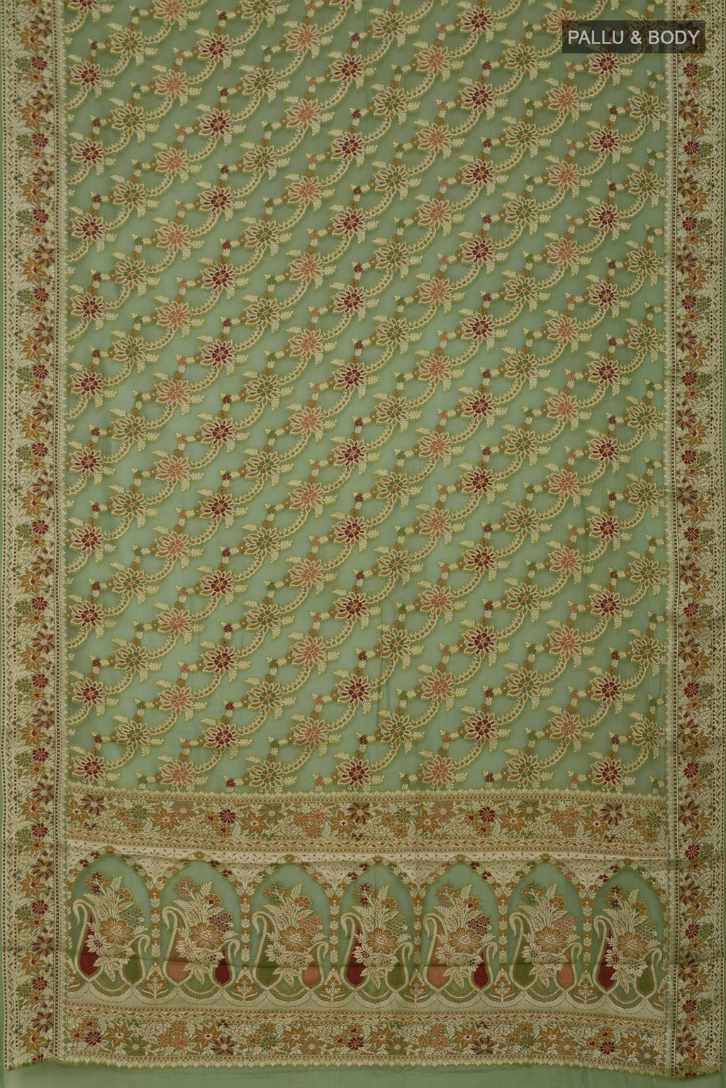 Flat view of Green Banarasi Georgette Saree with Thread Brocade on the body and Thread Border. 
