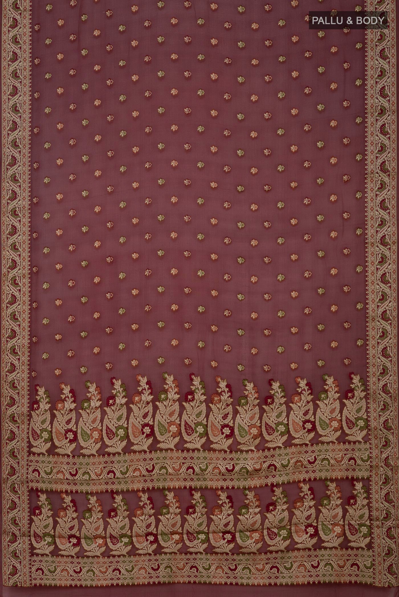 Flat view of Coffee Brown Banarasi Georgette Saree with Thread Butta on the body and Thread Border. 