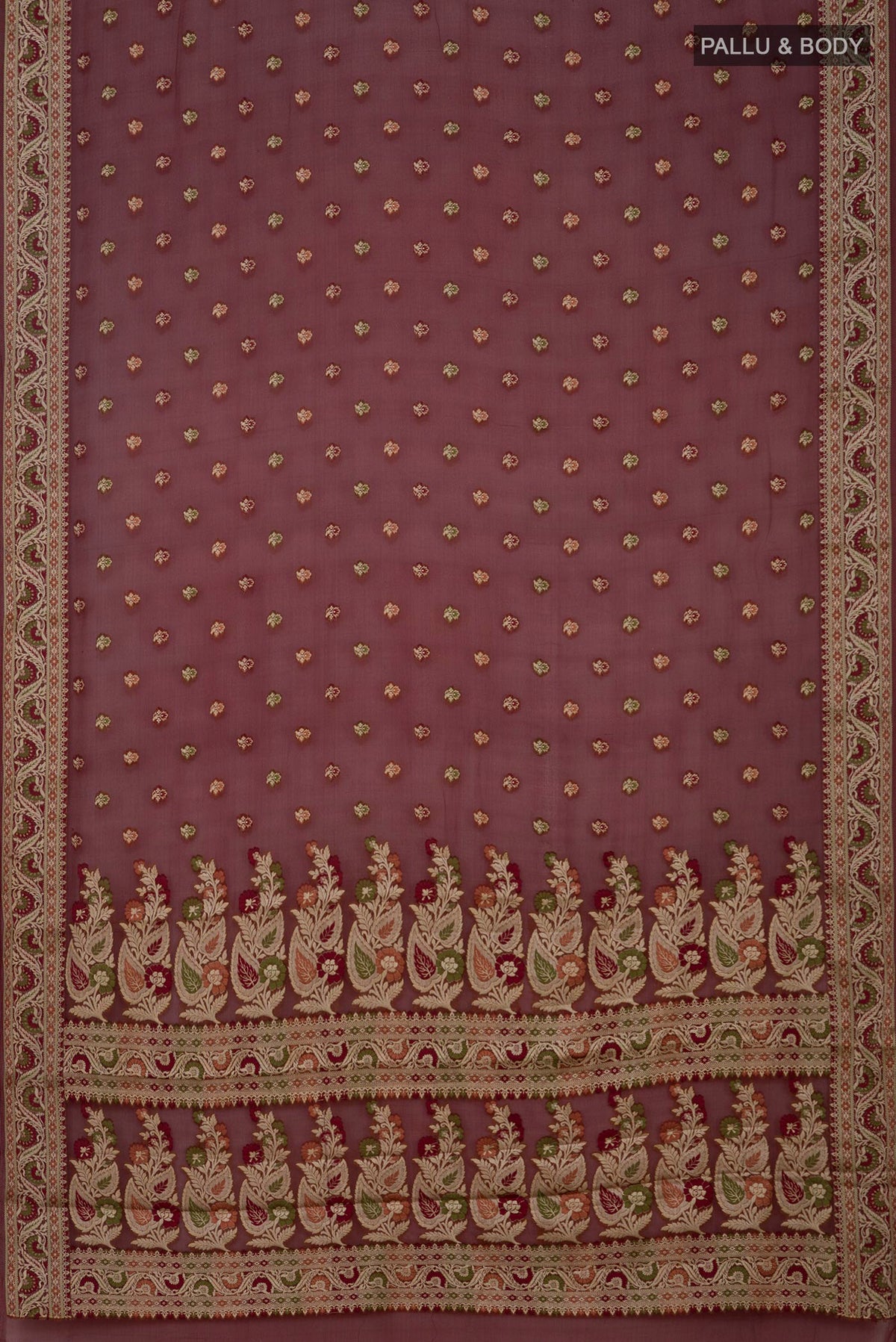Flat view of Coffee Brown Banarasi Georgette Saree with Thread Butta on the body and Thread Border. 