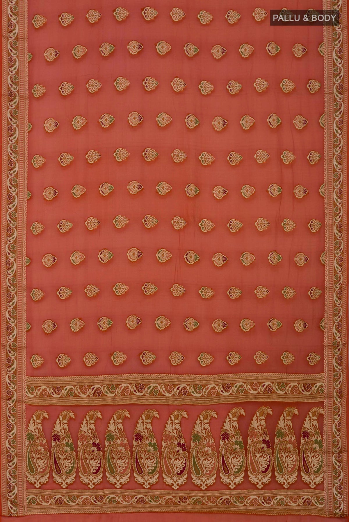 Flat view of Rust Georgette Saree with Fancy on the body and Fancy Border. 