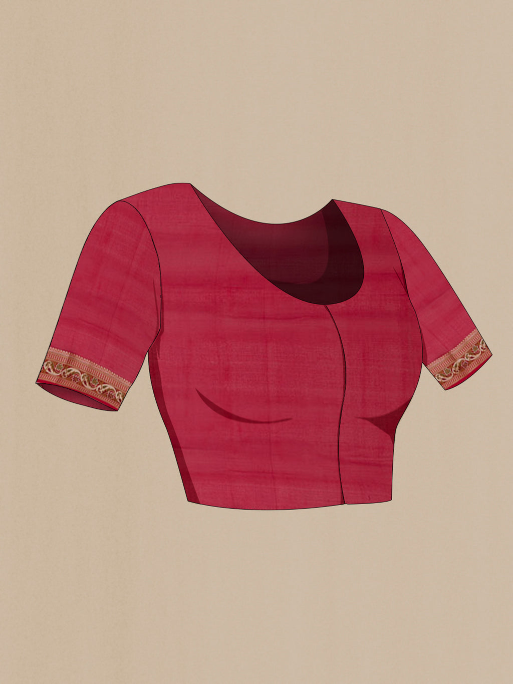 Close up image of the blouse of Deep Red Banarasi Georgette Saree with Thread Butta on the body and Zari And Thread Border. 