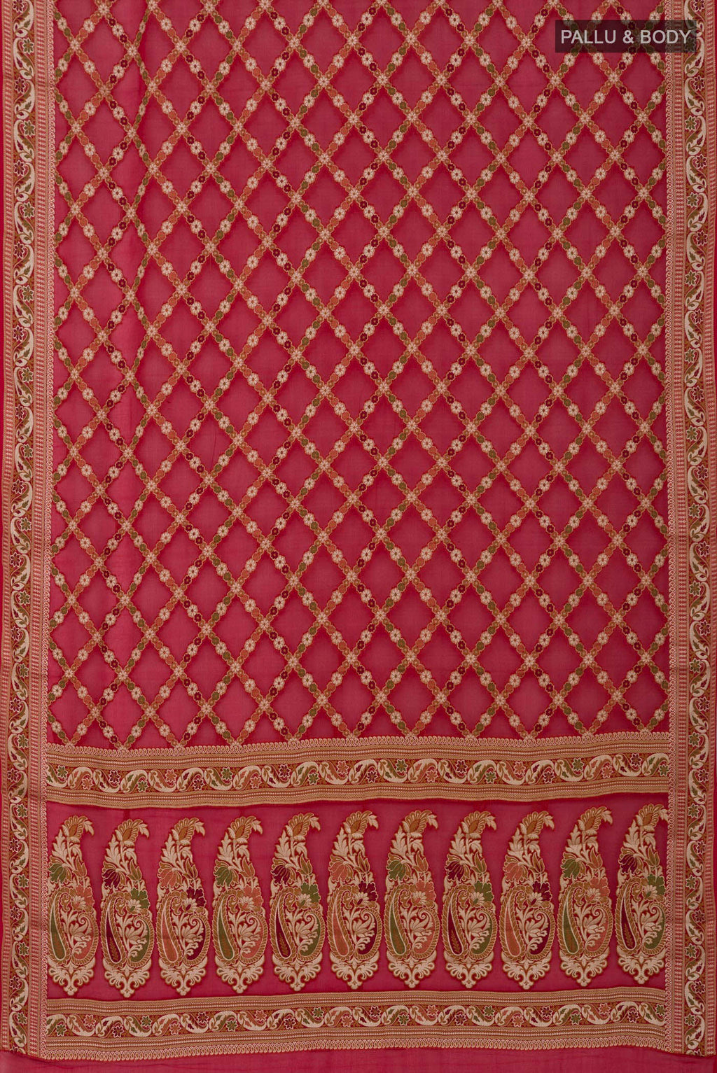 Flat view of Deep Red Banarasi Georgette Saree with Thread Butta on the body and Zari And Thread Border. 
