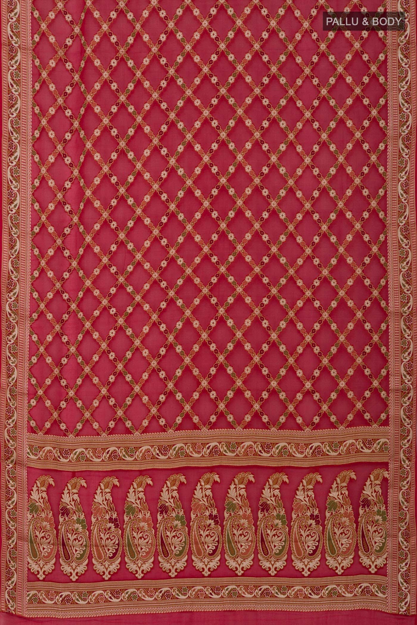 Flat view of Deep Red Banarasi Georgette Saree with Thread Butta on the body and Zari And Thread Border. 