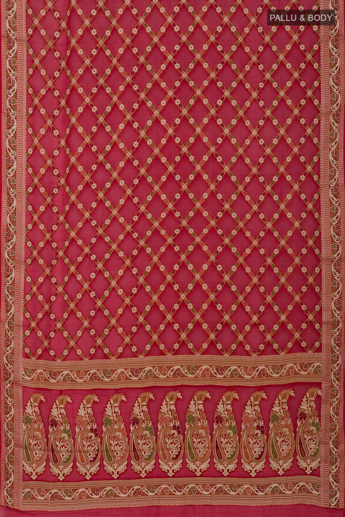 Flat view of Deep Red Banarasi Georgette Saree with Thread Butta on the body and Zari And Thread Border. 