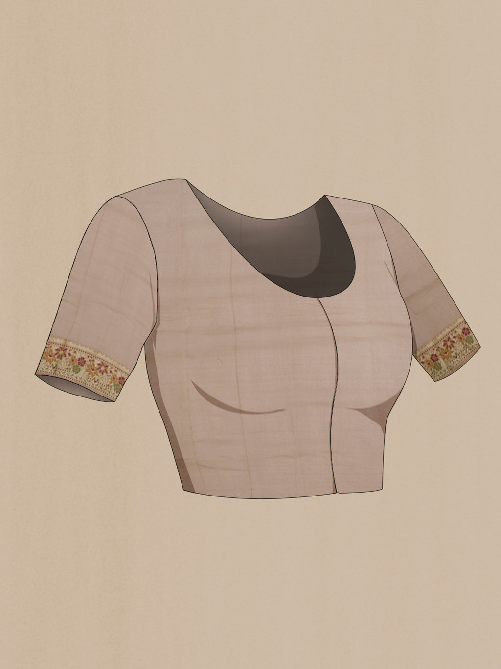 Close up image of the blouse of Beige Banarasi Georgette Saree with Thread Butta on the body and Thread Border. 